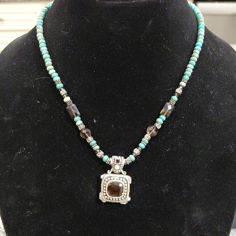 "Studio Barse"18in, Handmade Turquoise and Smoky Quartz Ster. Silver Necklace...